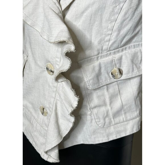 ✨ CAbi Linen Ruffle Jacket #325 Beige Oatmeal Blazer Size Medium - Picture 6 of 12